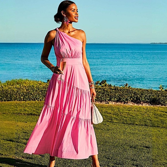 Lilly Pulitzer Lucilyn One Shoulder Midi Dress Confetti Pink Retails $278 Boho - Picture 2 of 12
